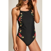 Lovely Elegant Embroidered Black Spandex One-piece