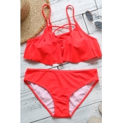 Lovely Pretty Lace-up Printing Red Polyester Two-p