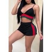 Lovely Sexy V Neck Striped Black Polyester Two-pie