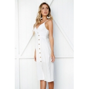 Lovely Trendy V Neck Buttons White Polyester Knee 