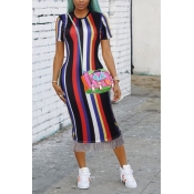 LovelyTrendy Round Neck Fringe Tassels Striped Pri