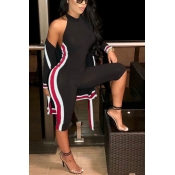 Lovely Casual Turtleneck Sleeveless Striped Patchw