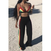 Lovely Black Polyester Pants Striped V Neck Sleeve