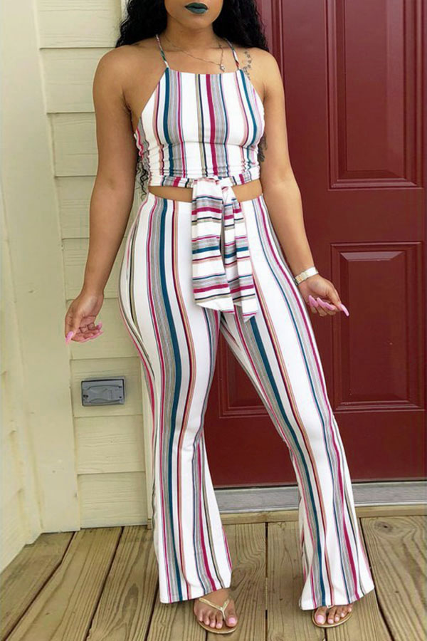 

LovelyCasual Dew Shoulder Striped White Blending Two-piece Pants Set
