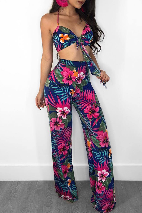 Lovely Multi Polyester Pants Print Bateau Neck Sleeveless Fashion Two Pieces