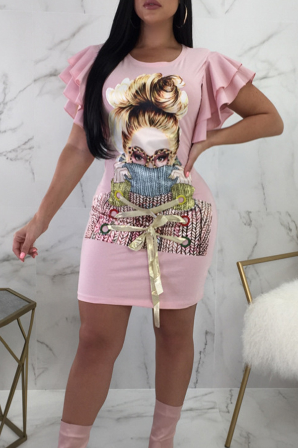 

Lovely Fashion Round Neck Lotus Leaf Sleeves Characters Printed Pink Twilled Satin Mini Dress