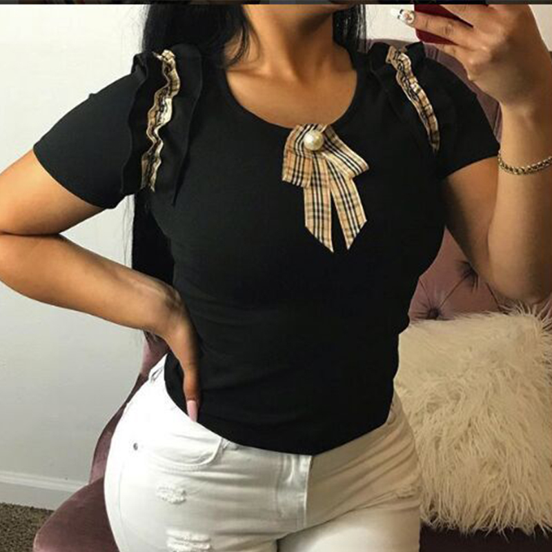 

Lovely Nifty Round Neck Bow Nailed Pearl Black Polyester T-shirt