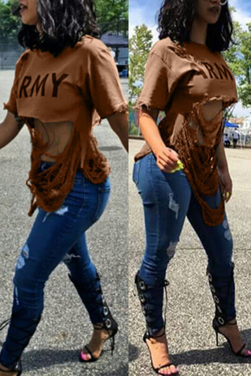 

Lovely Sexy Printed Hollow-out Army Green Cotton Blends Shirts