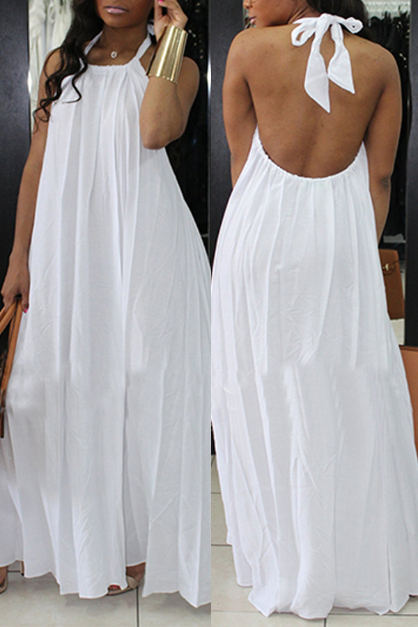 Lovely Fashion Halter Neck Backless White Chiffon Floor Length Dress