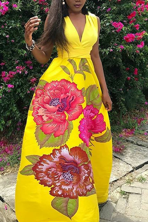 

LovelyBohemian V Neck Printed Yellow Polyester Floor Length Dress