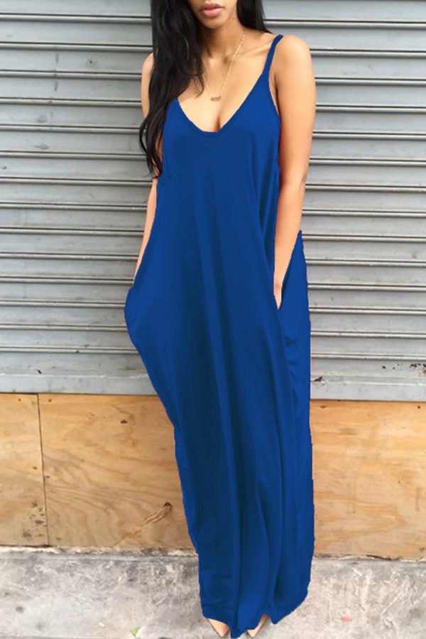 Lovely Leisure V Neck Blue Blending Floor Length Dress