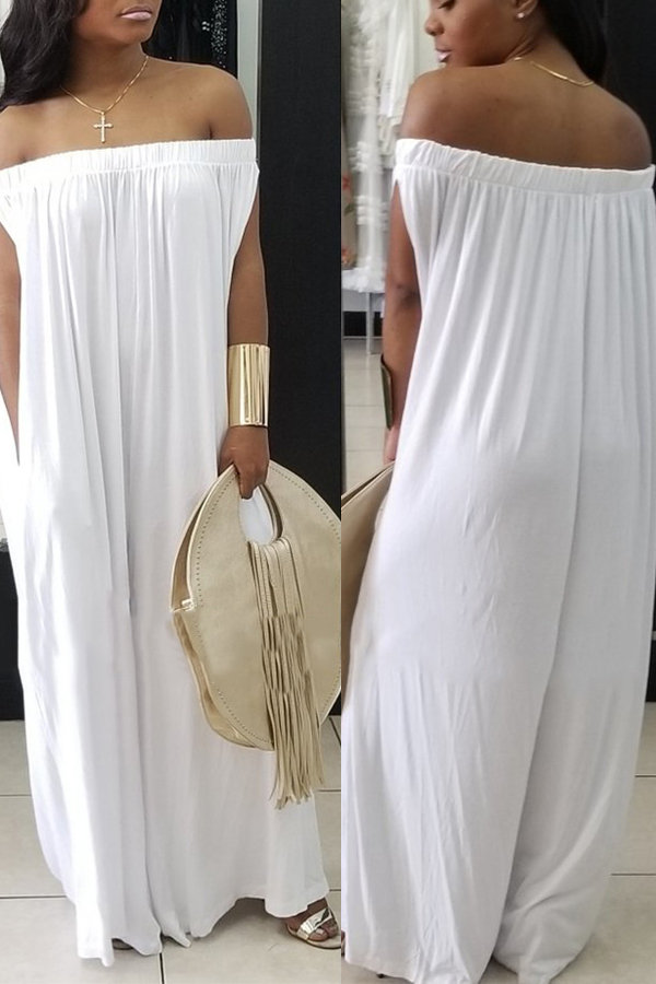 

Lovely Casual Dew Shoulder White Cotton Blends One-piece Jumpsuit