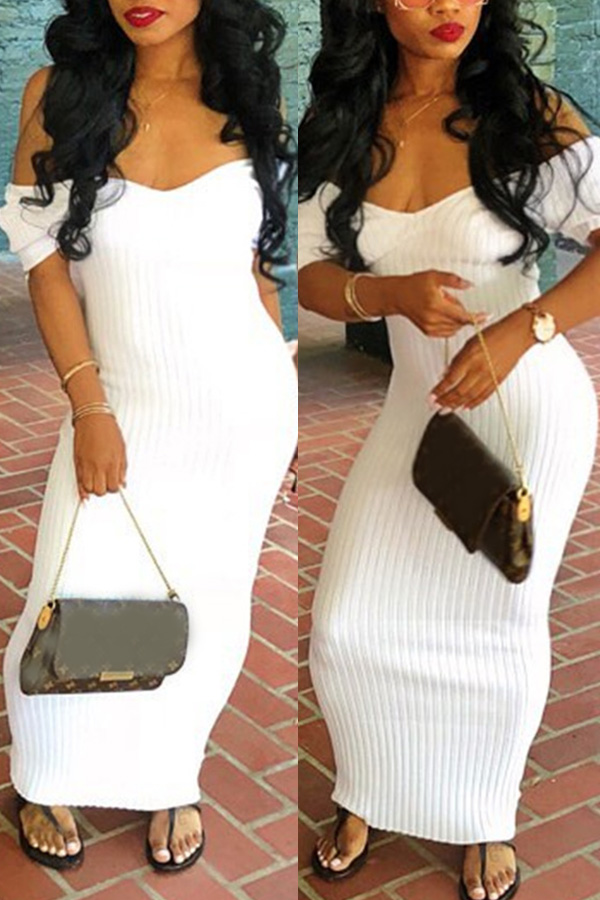 

Lovely Sexy V Neck White Cotton Blends Sheath Ankle Length Dress