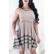 LovelyFashion Round Neck Striped Coffee Milk Fiber