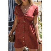 Lovely Fashion V Neck Short Sleeves Buttons Red Po