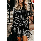 Lovely Work Turndown Collar Black Striped Polyeste