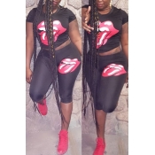 Lovely Casual Round Neck Lip Printed Black Polyest