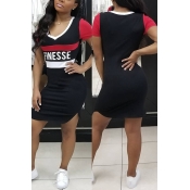 Lovely Casual V Neck Patchwork Black Twilled Satin