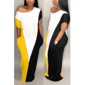 LovelyCasual Short Sleeves Patchwork Yellow Cotton