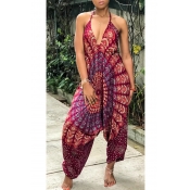 Lovely Bohemian V Neck Printing Brick Red Qmilch O