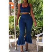 LovelyCasual U Neck Dark Blue Cotton Two-piece Pan