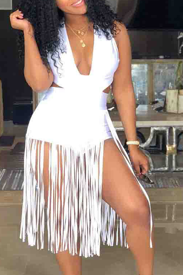 

Lovely Bohemian V Neck Fringe Tassels Black Blending One-piece Romper