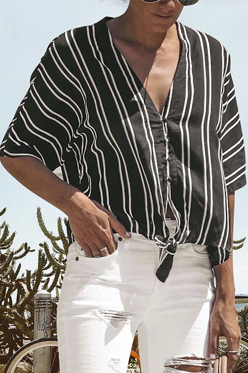 

Lovely Casual V Neck Striped Printed Black Blending Shirts