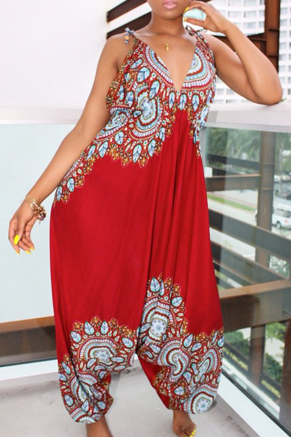 

Lovely National Style Totem Printed Red One-piece Jumpsuit