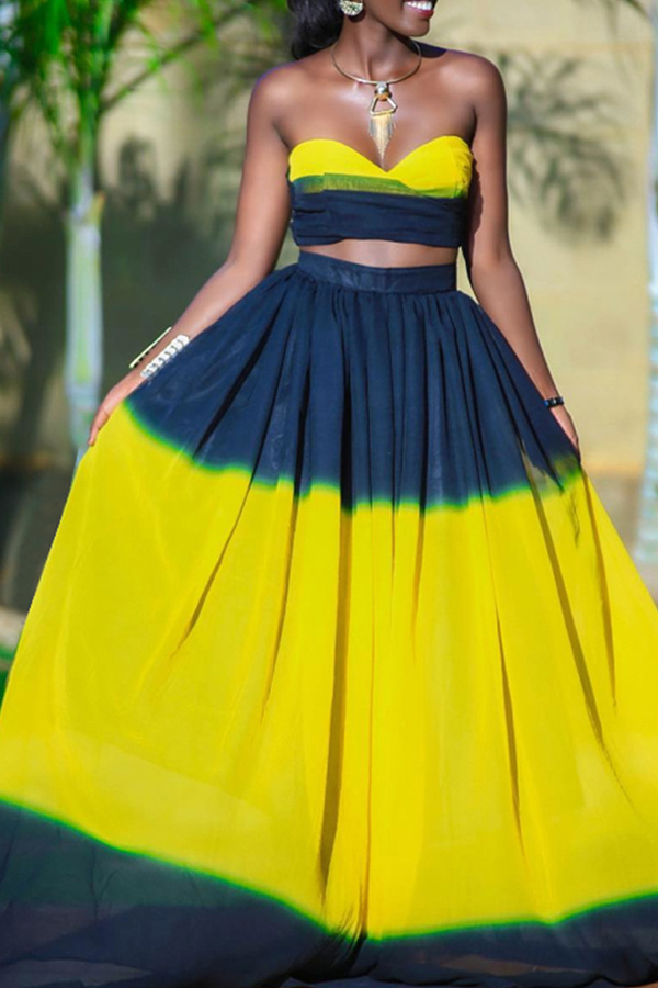 

Lovely Trendy Dew Shoulder Yellow Two-piece Skirt Set