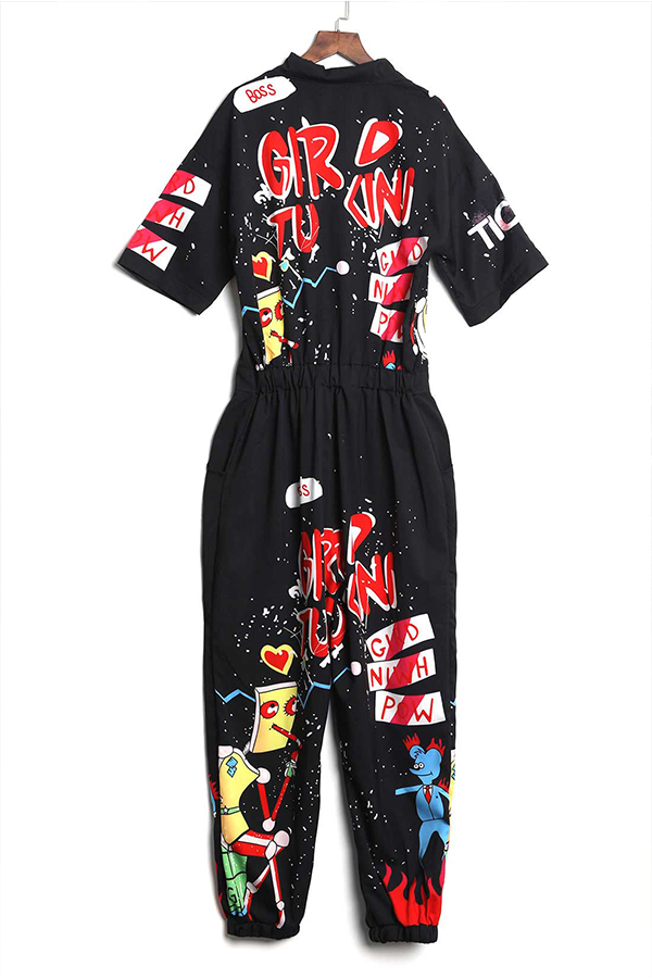 Lovely Euramerican Cartoon Printing Black Polyester Onepiece Jumpsuit