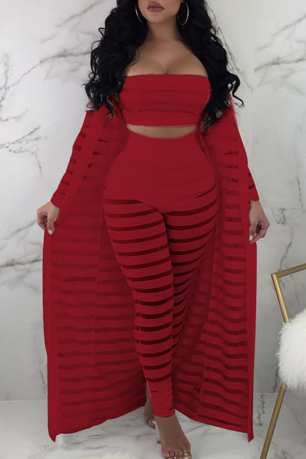 

Lovely Sexy See-Through Red Cotton Three-piece Pants Set