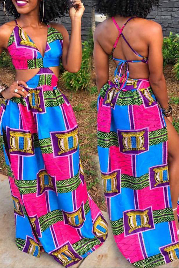 

Lovely Sexy Printed Backless Floor Length Dress