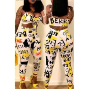Lovely Sexy V Neck Letter Printed Yellow Two-piece