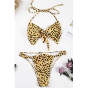 Lovely Leopard Print Gold Nylon Two-piece Swimwear