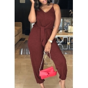 Lovely Casual Purplish Red Cotton Blends Oen-piece