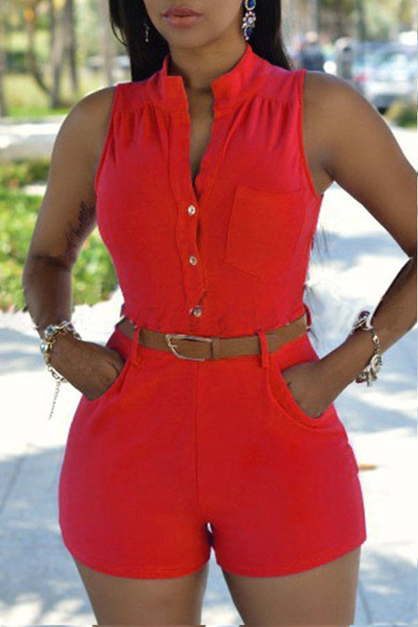 

LovelyEuramerican Button Decorative Red One-piece Rompers (With Belt)