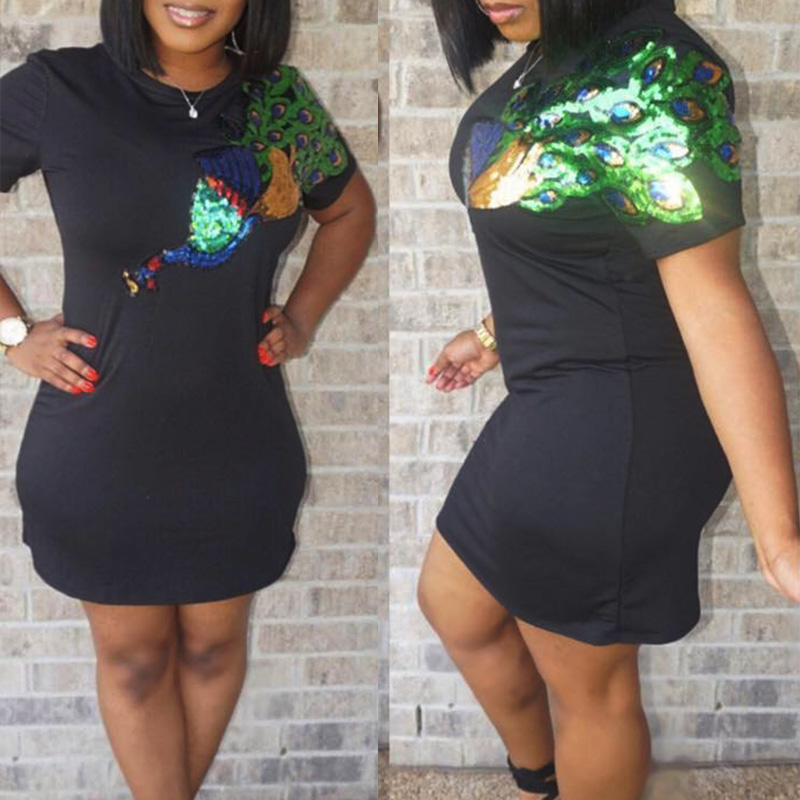 

LovelyLeisure Peacock Pattern Sequins Decoration Black Sheath Mini Dress