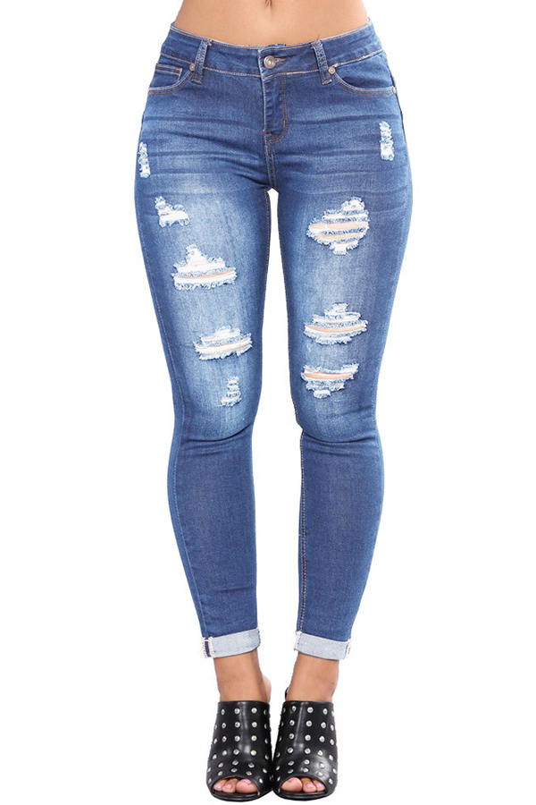 Lovely Casual Hollow-out Baby Blue Jeans