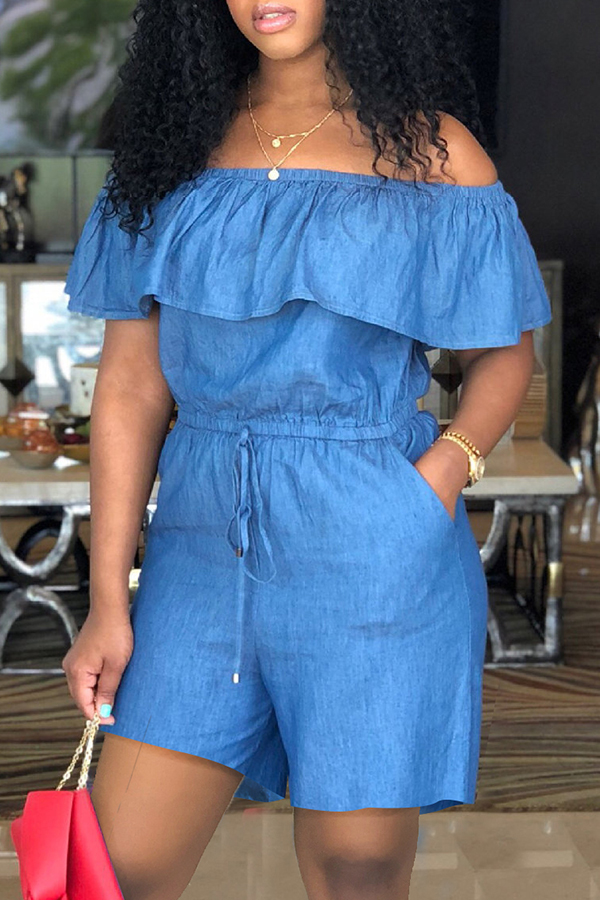 

Lovely Casual Flounce Blue Denim One-piece Rompers