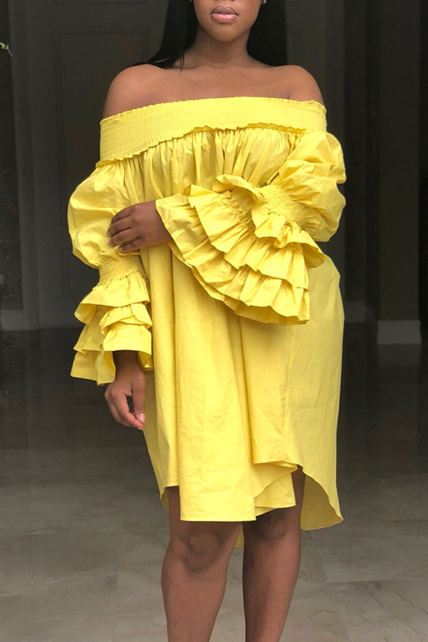 

Lovely Trendy Dew Shoulder Yellow Knee Length Dress