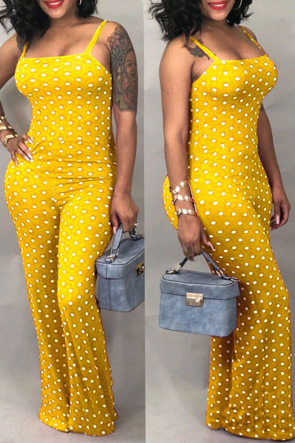 

Lovely Casual Dots Printed Yellow One-piece Jumpsuits