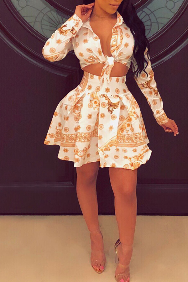 

Lovely Euramerican Drape Design Printed Creamy White Two-piece Skirts Set