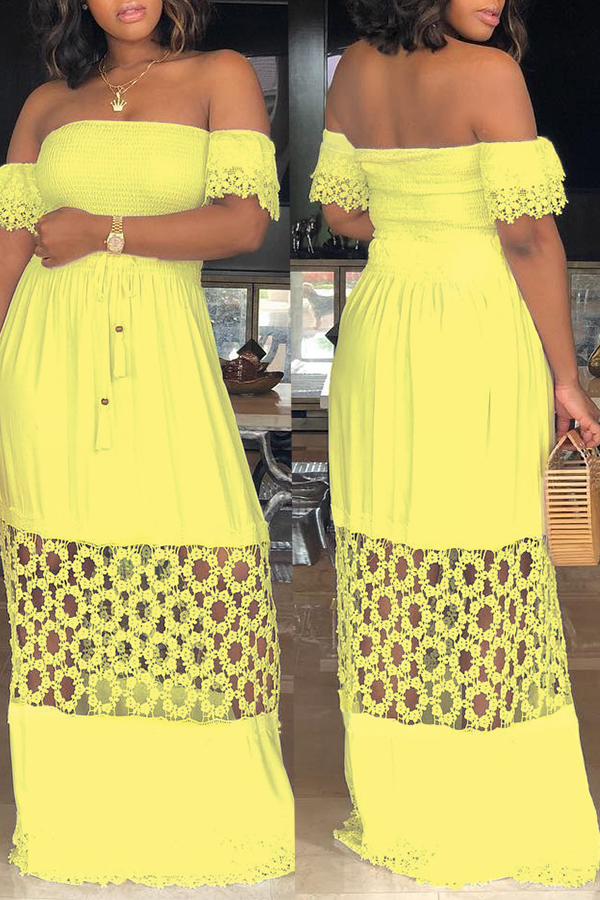 

Lovely Casual Lace Spliced Yellow Cotton Blends Floor Length Dress