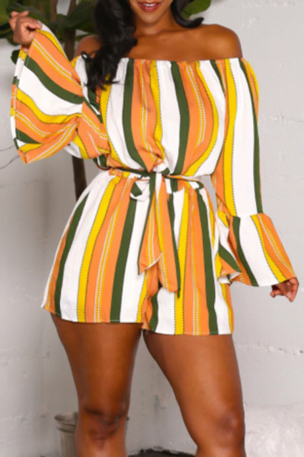 

Lovely Trendy Dew Shoulder Striped Yellow One-piece Rompers (With Belt )