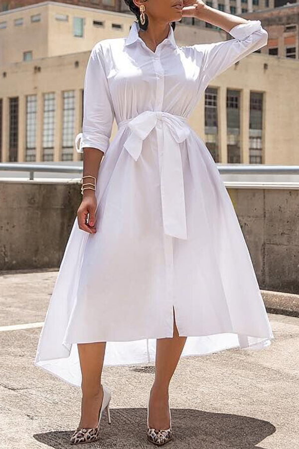 

Lovely Trendy Lace-up White Ankle Length Dress（With Belt）