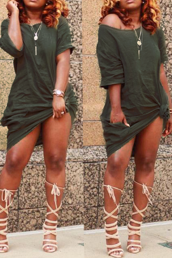 

Lovely Casual Knot Design Green Blending Knee Length Dress