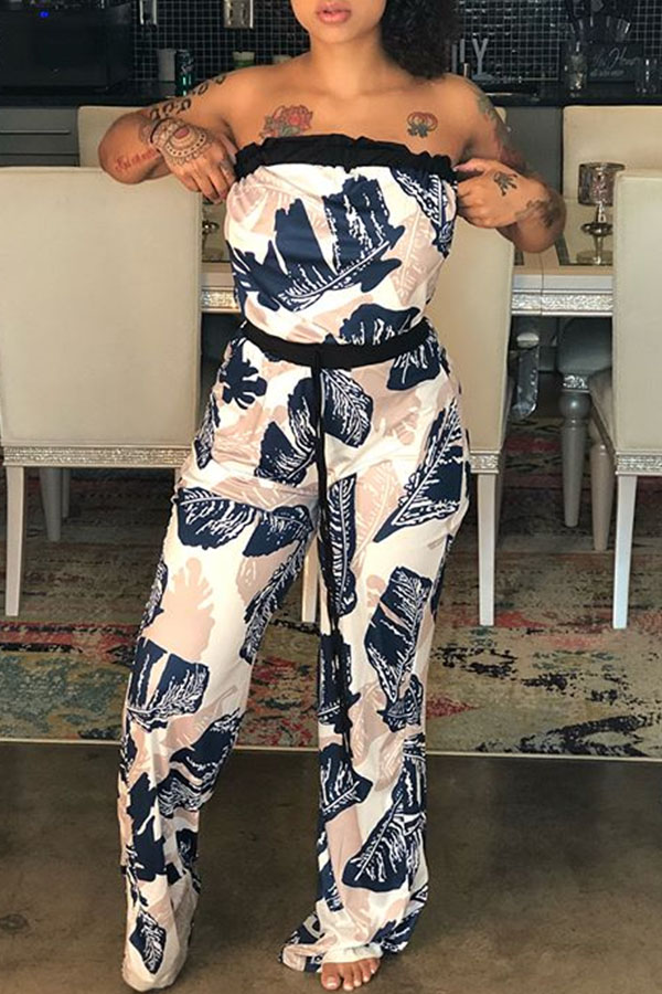 

Lovely Fashion Bateau Neck Printing Blue Qmilch One-piece Jumpsuits