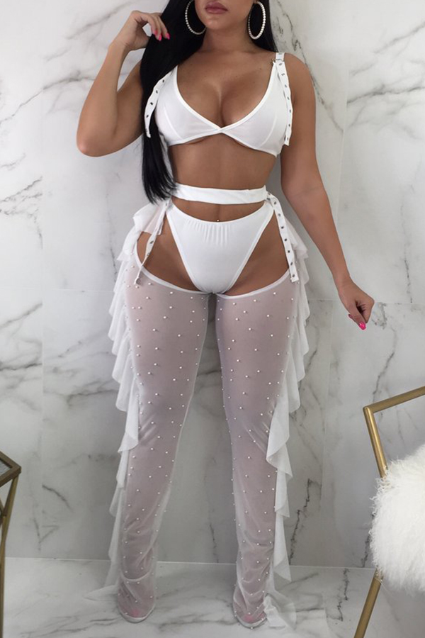 Lovely Sexy Hollowed-out Nail Bead Design White Qmilch Two-piece Pants Set(With Underclothes)