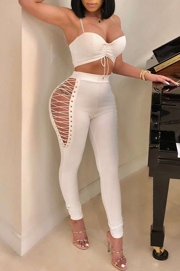 

Lovely Sexy Sleeveless Hollowed-out White Blending Two-piece Pants Set