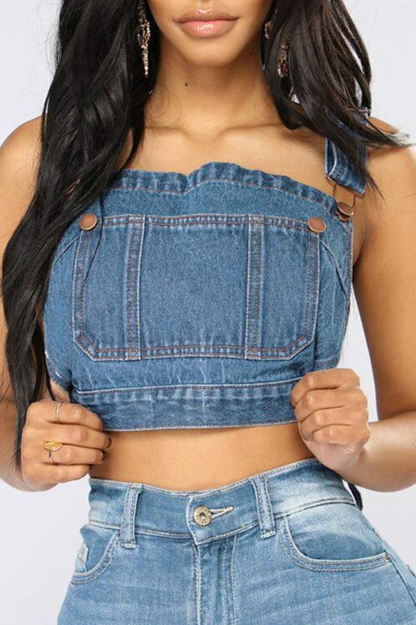 

Lovely Casual Backless Baby Blue Denim Tank Top